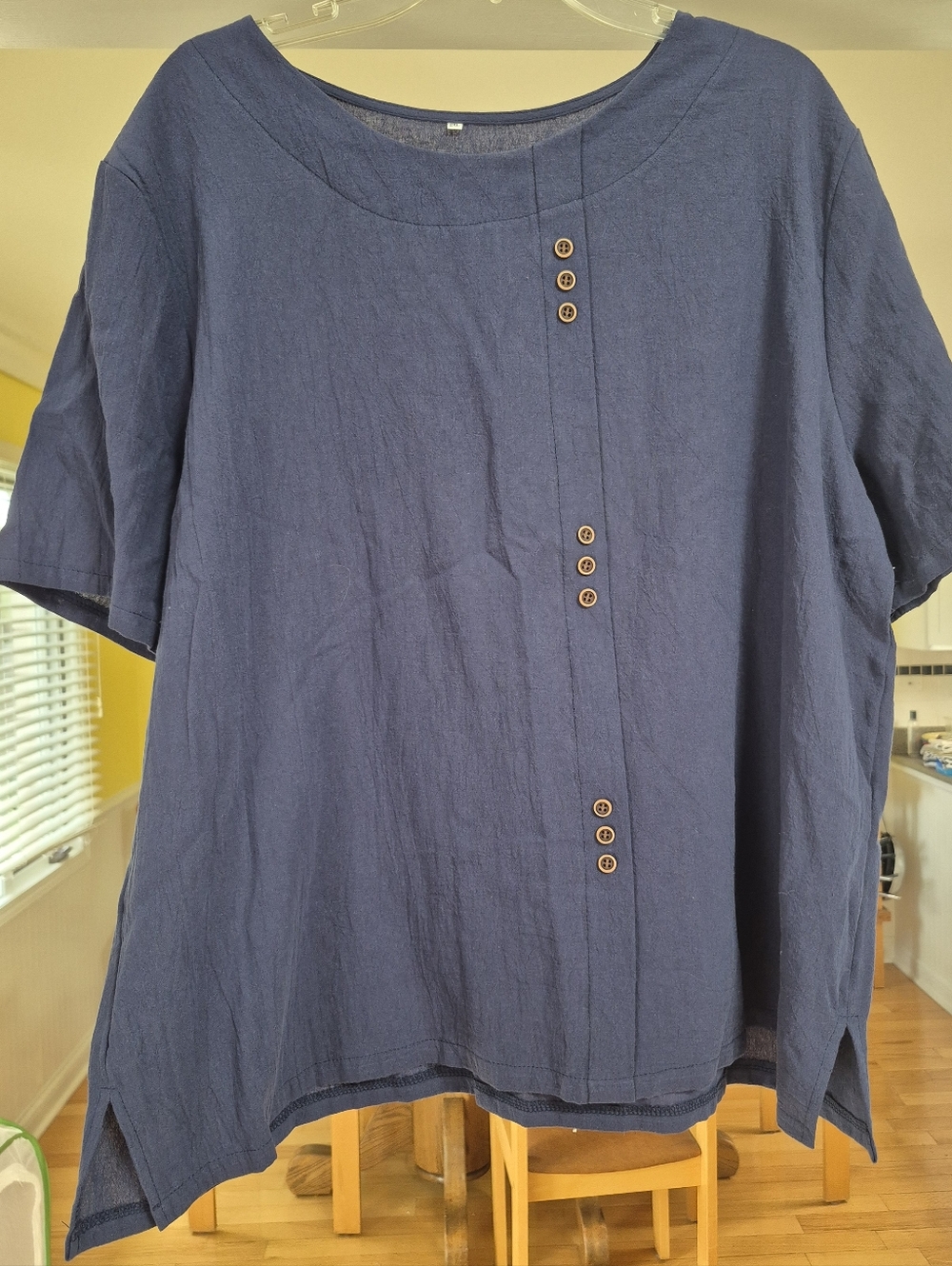 2XL Navy Button Accent Asian Theme Short Sleeve Top